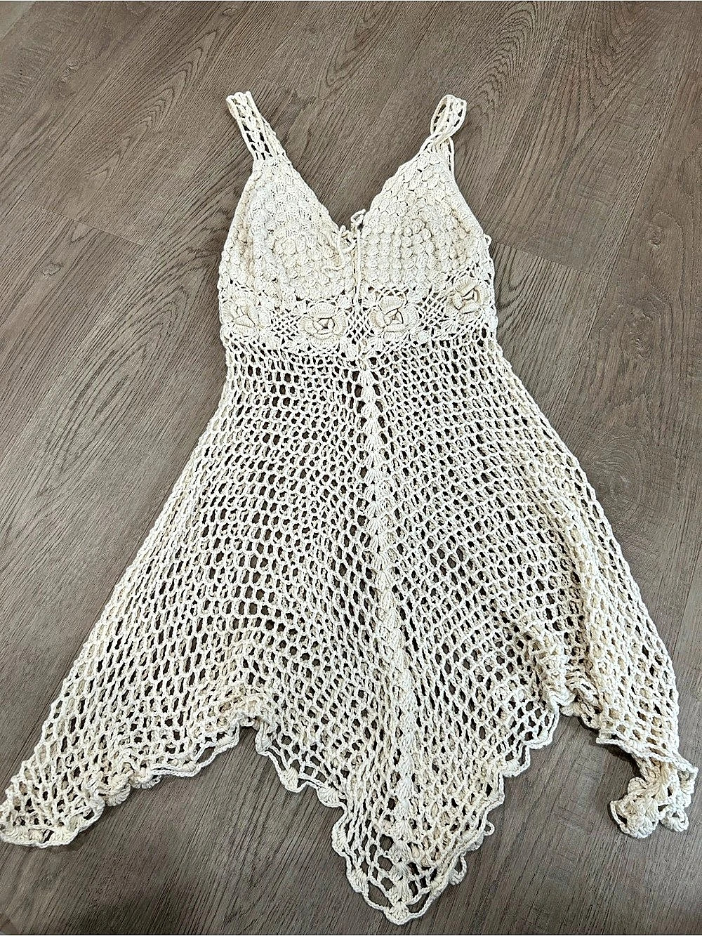 Cream Crochet Floral Boho Beach Cover Up Dress Asymmetrical Hem